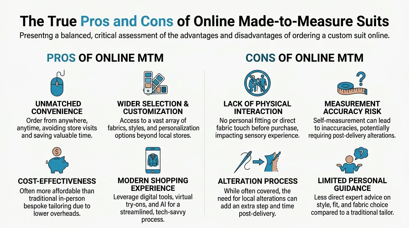 An infographic comparing the pros and cons of purchasing made-to-measure suits from online retailers.