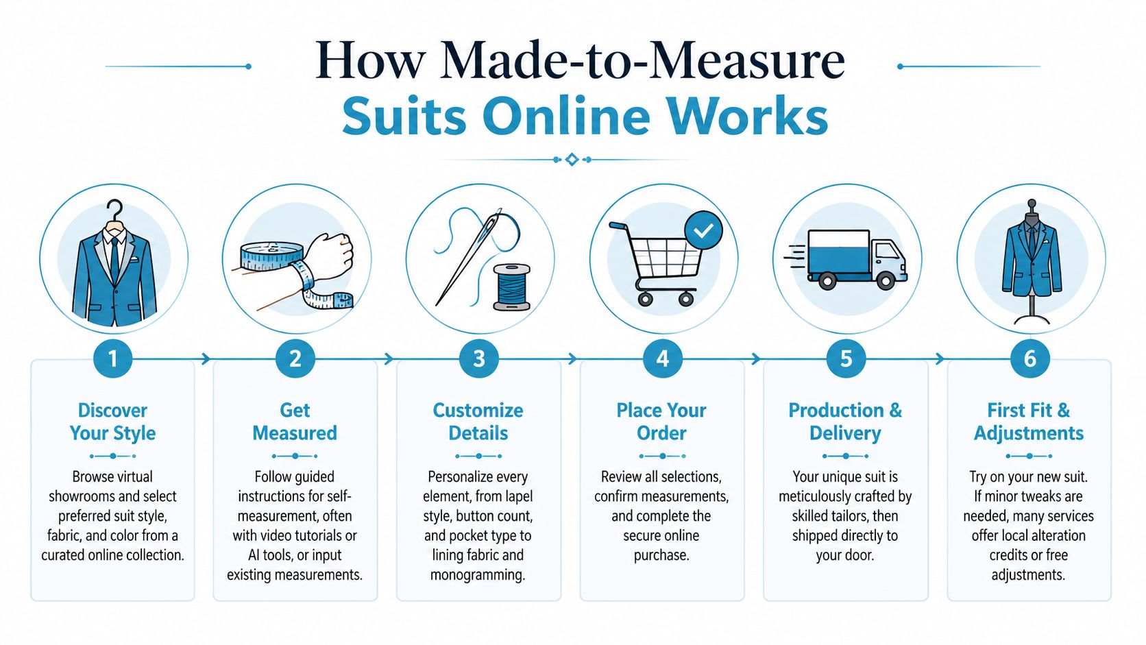 An infographic showing the six-step process for ordering made-to-measure suits online, from style discovery to final adjustments.