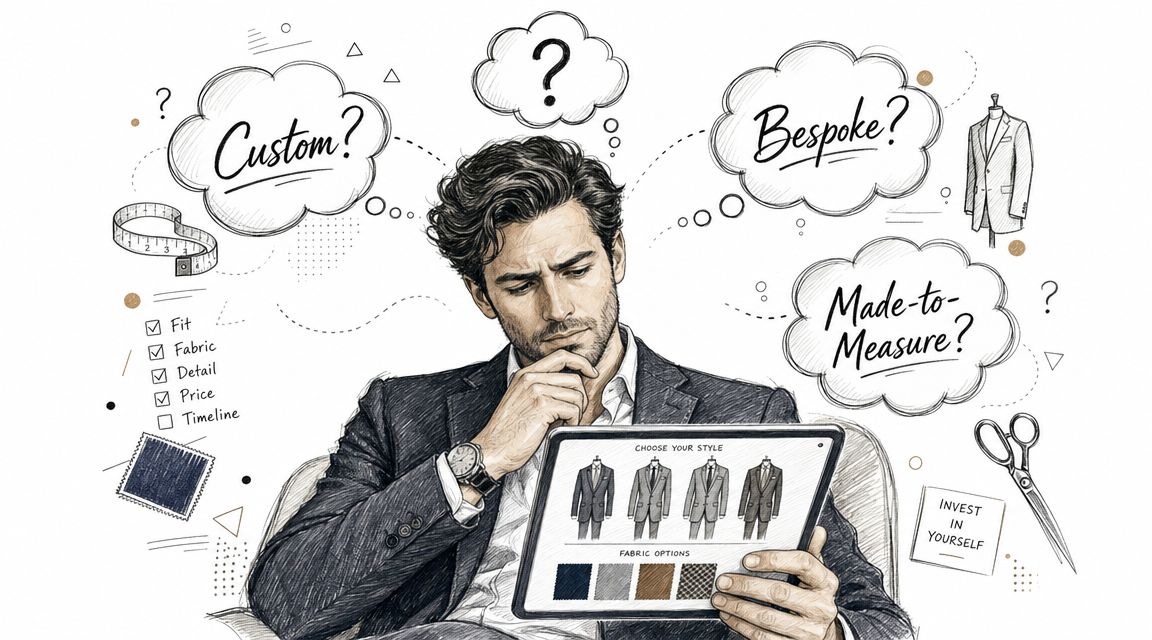 A man in a suit looks at tablet screen while deciding between custom, bespoke, or made to measure options.