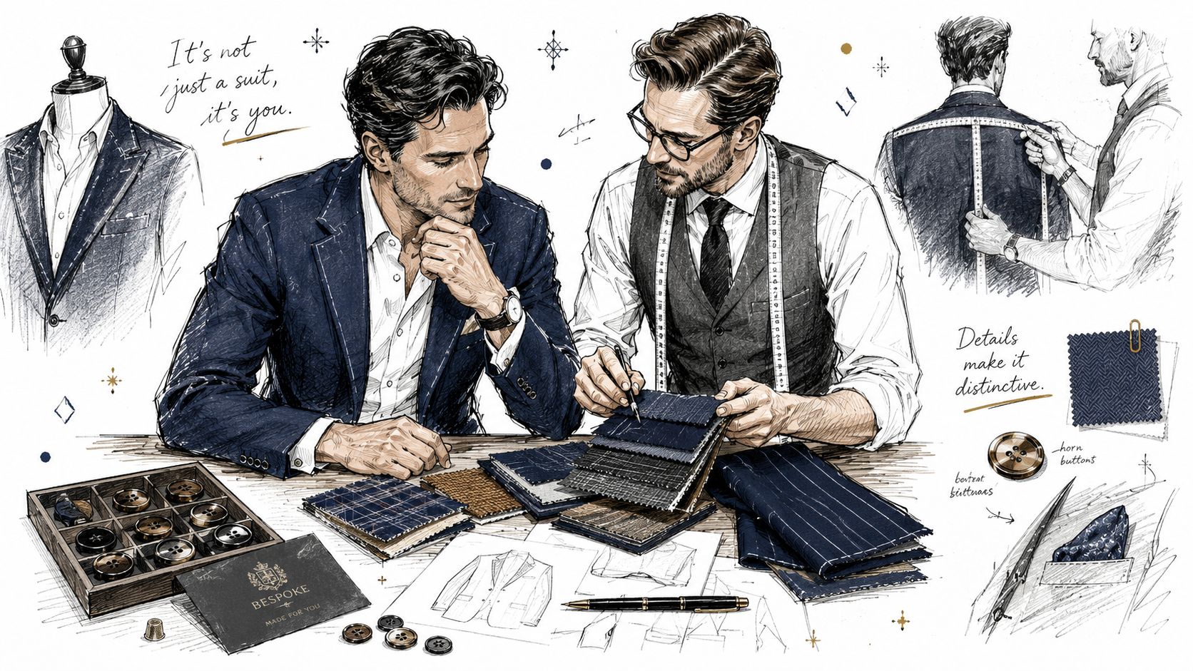 A professional tailor helping a man select custom suit fabric samples in an elegant design studio.