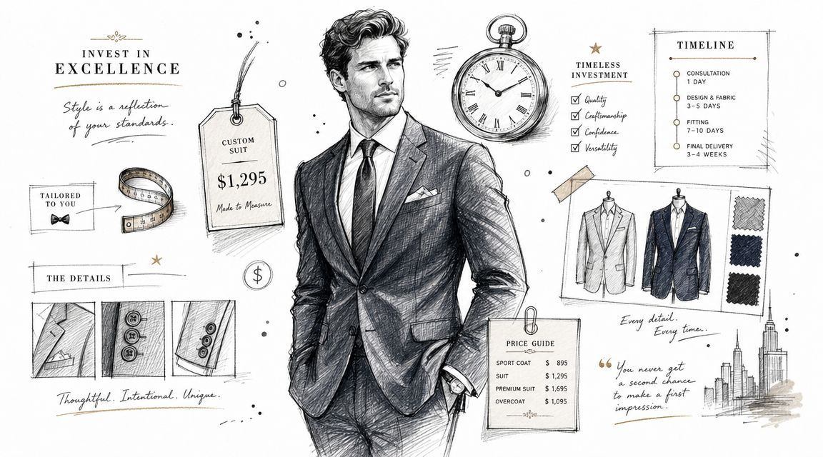 A professional sketch illustrating the custom made-to-measure suit process with pricing, timeline, and tailoring details.