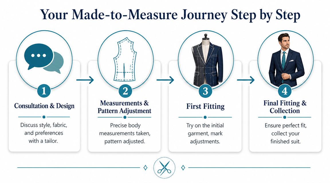 A four-step infographic illustrating the made-to-measure suit tailoring process from consultation to final garment collection.