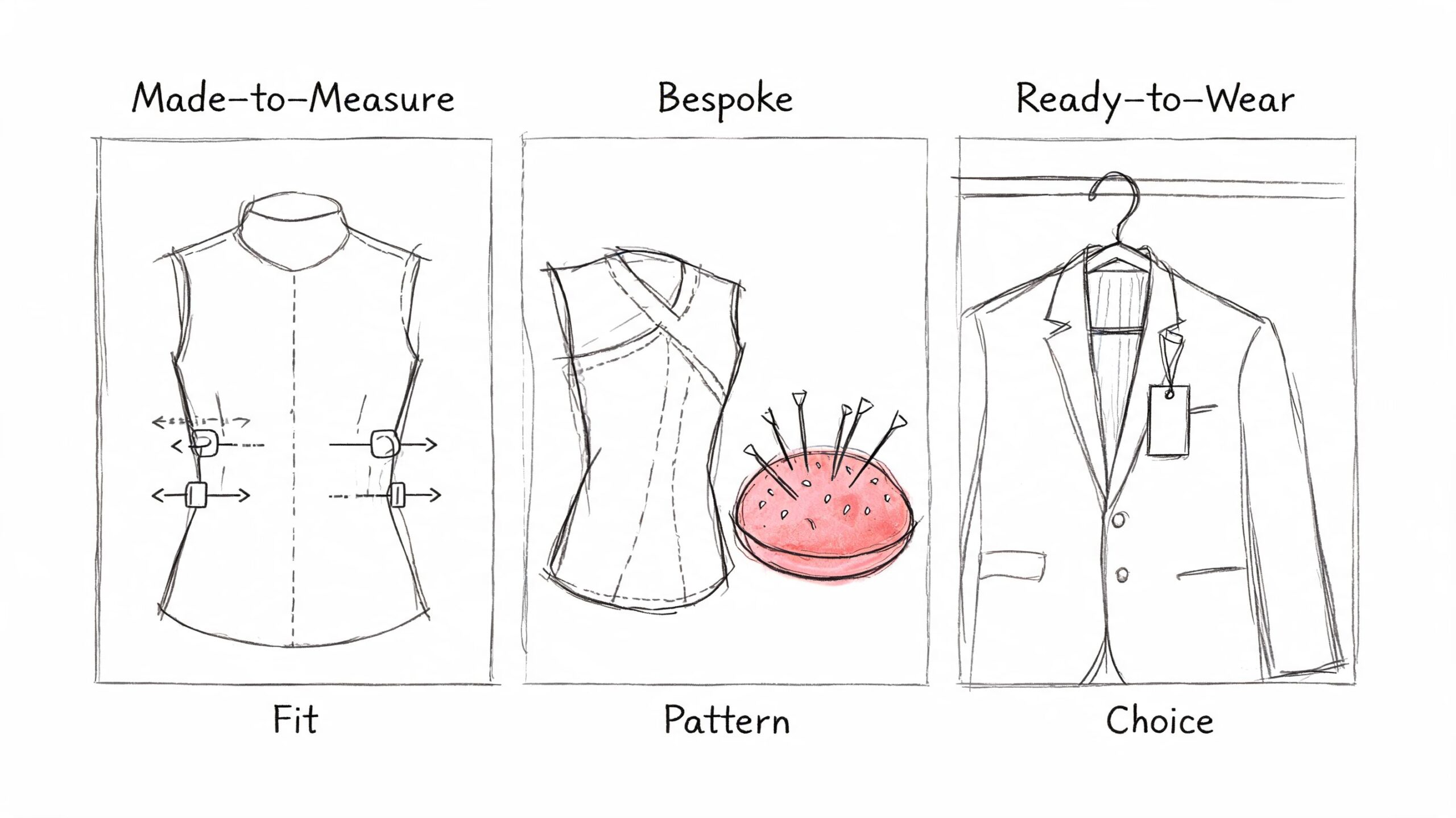 A pencil sketch comparison of Made-to-Measure, Bespoke, and Ready-to-Wear tailoring processes using icons for clarity.