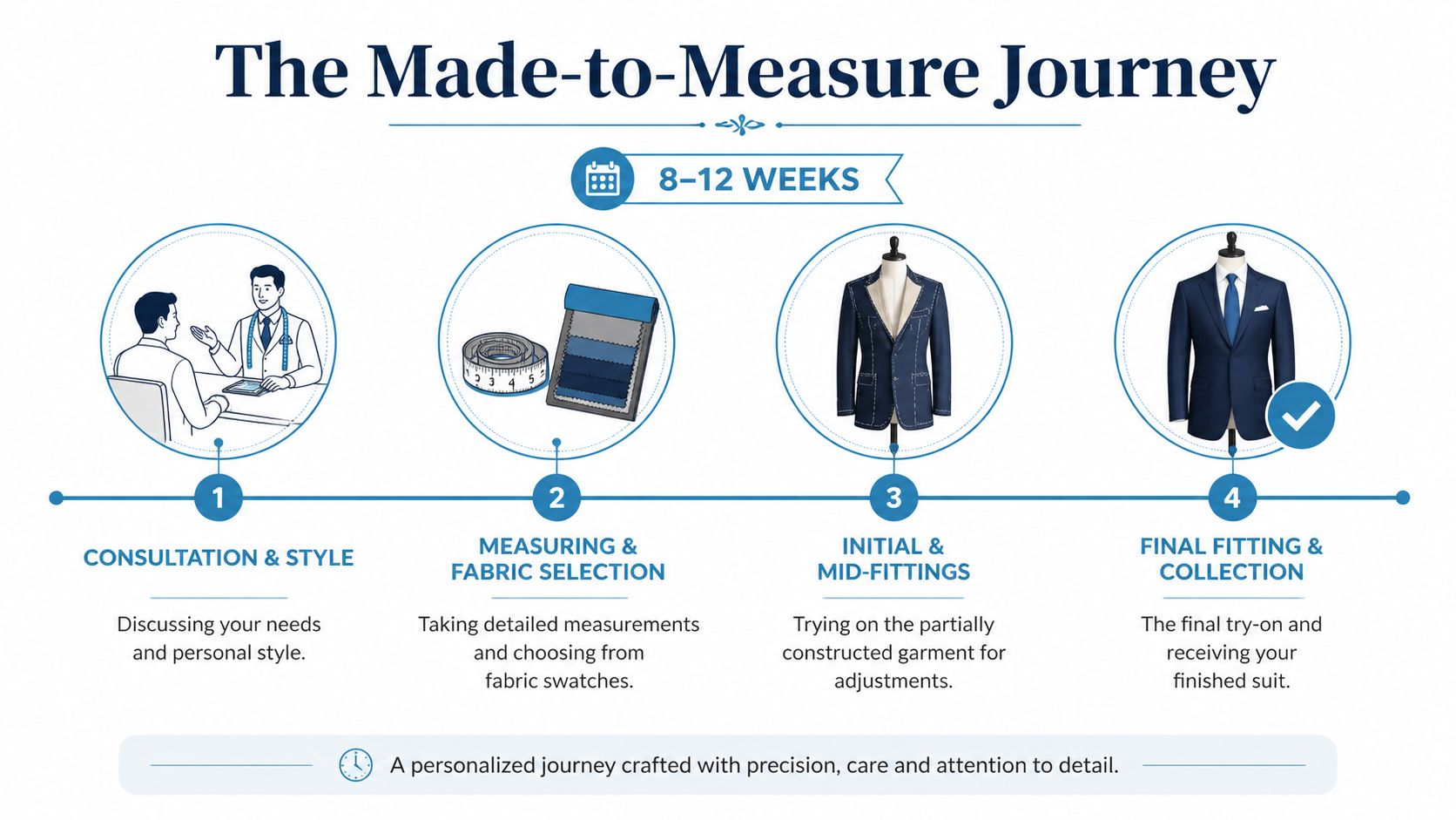 A step-by-step infographic showing the process of a made-to-measure tailoring journey from consultation to final suit collection.