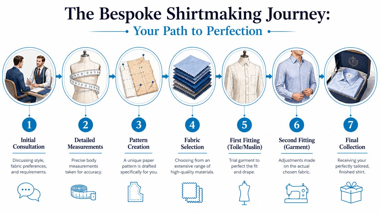 A seven-step infographic illustrating the bespoke process of creating custom tailored shirts from initial consultation to final collection.