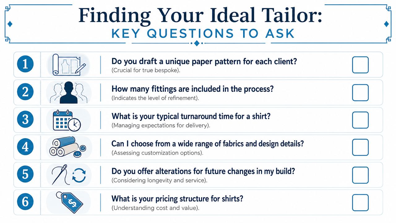 A checklist infographic titled Finding Your Ideal Tailor listing six key questions to ask custom shirt makers.