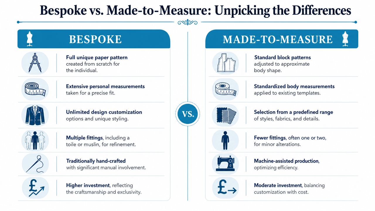 An infographic comparing the differences between bespoke and made-to-measure tailoring services in terms of process and cost.
