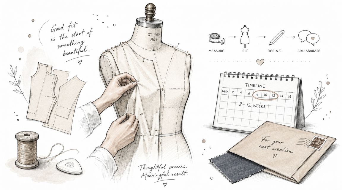 A detailed sketch showing the bespoke tailoring process for custom clothing with measuring, fitting, and a timeline.
