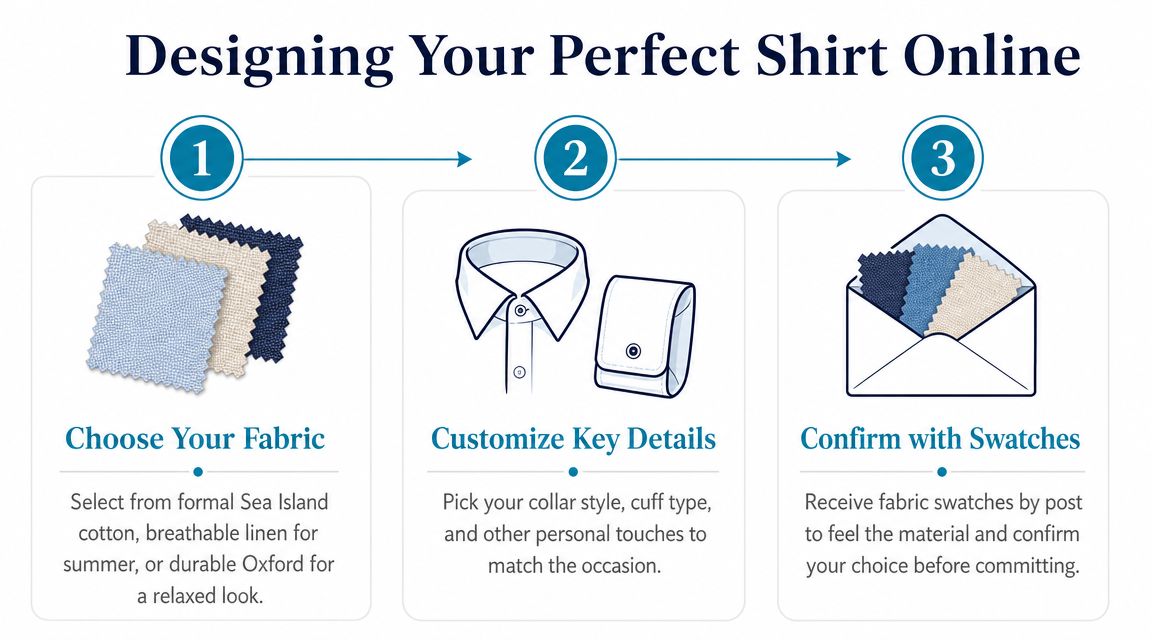 A three-step infographic showing how to design and customize bespoke tailored shirts online.