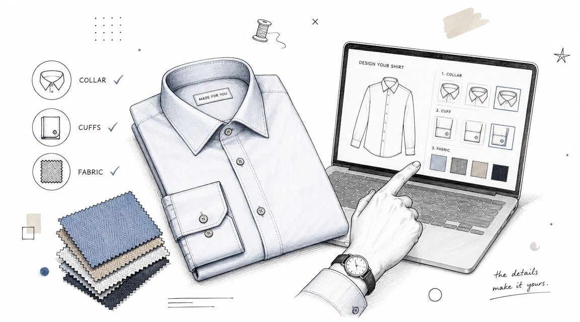 A hand using a laptop to customize a dress shirt online with collar, cuff, and fabric options.