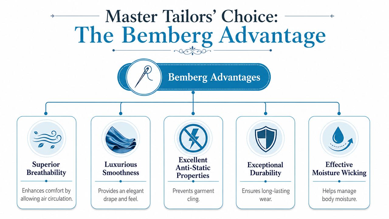 An infographic titled The Bemberg Advantage detailing five key benefits of Bemberg fabric for tailors and clothing.