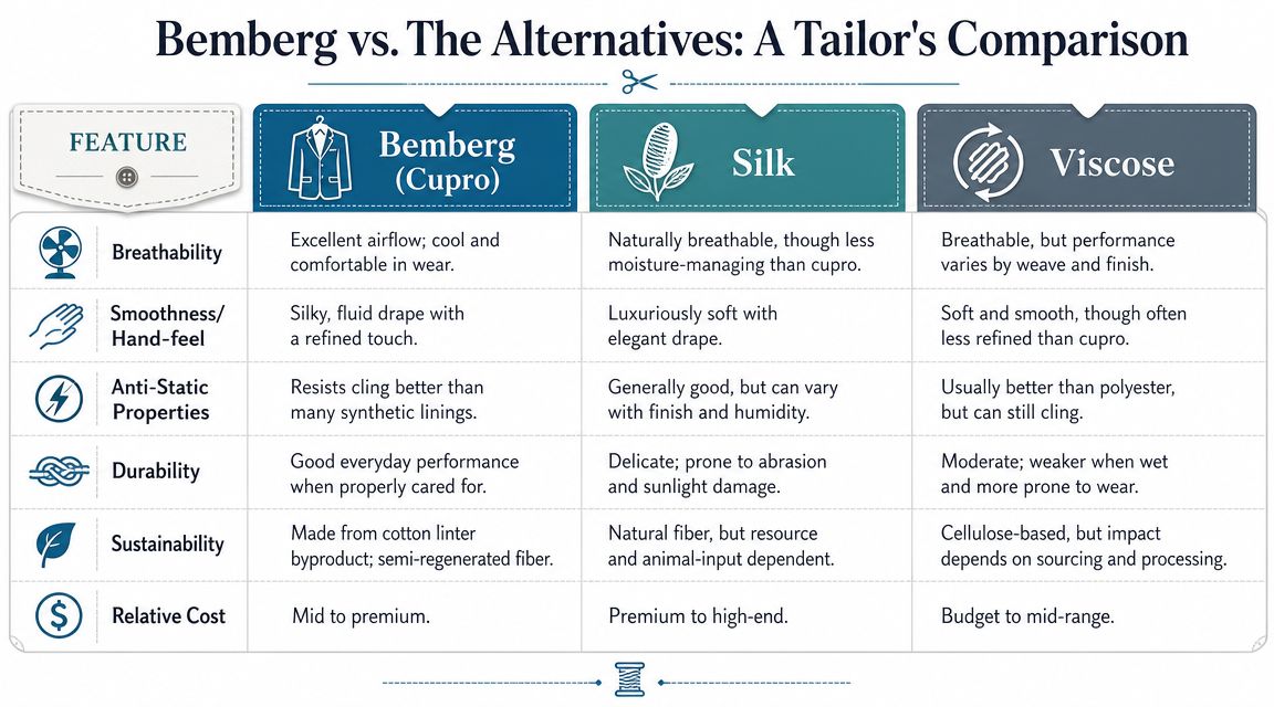A comparative infographic table showing the properties of Bemberg cupro lining versus silk and viscose fabrics.