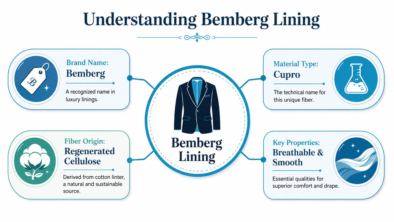 An infographic titled Understanding Bemberg Lining, explaining its brand, material type, fiber origin, and key properties.