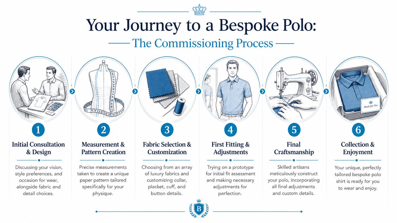 A six-step infographic illustrating the bespoke polo shirt commissioning process from consultation to final collection.