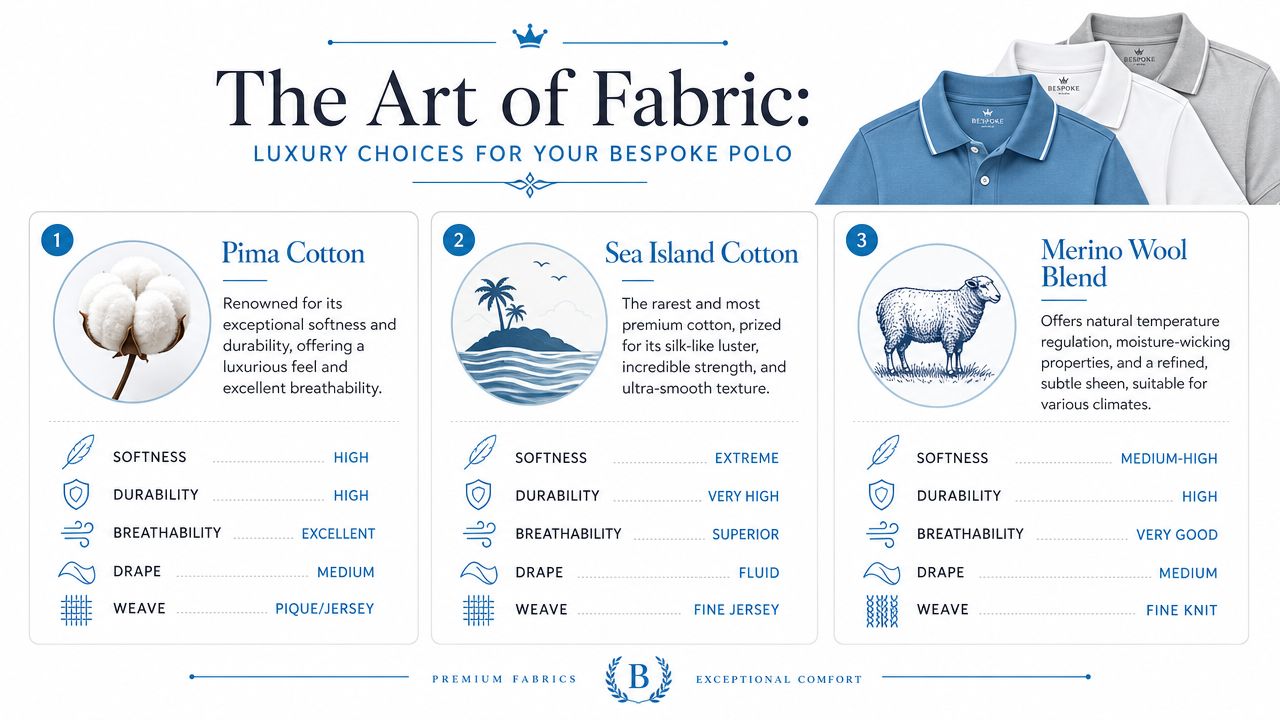 An infographic detailing the characteristics of Pima Cotton, Sea Island Cotton, and Merino Wool Blend fabrics for bespoke polo shirts.