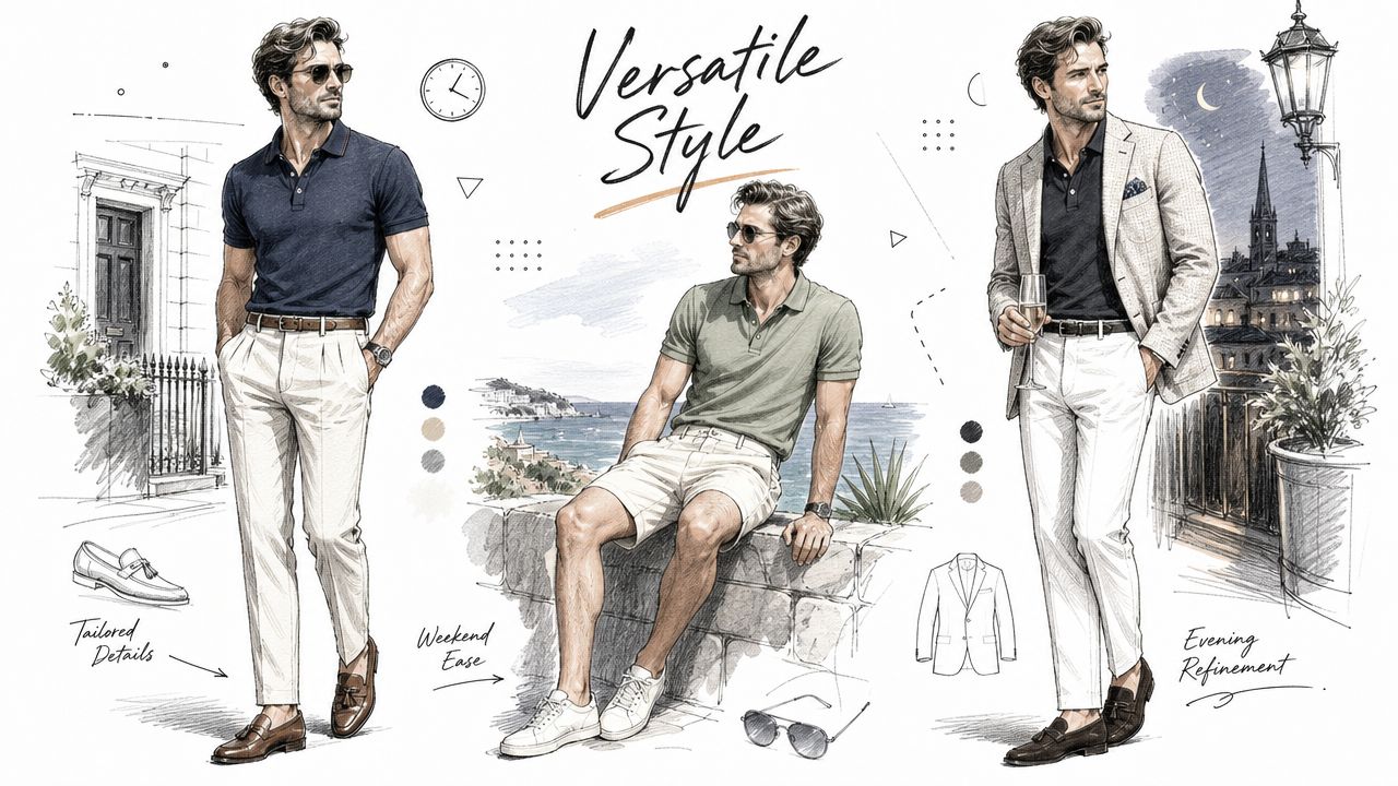 A fashion illustration showcasing three styles for men featuring polo shirts, trousers, shorts, and a blazer.