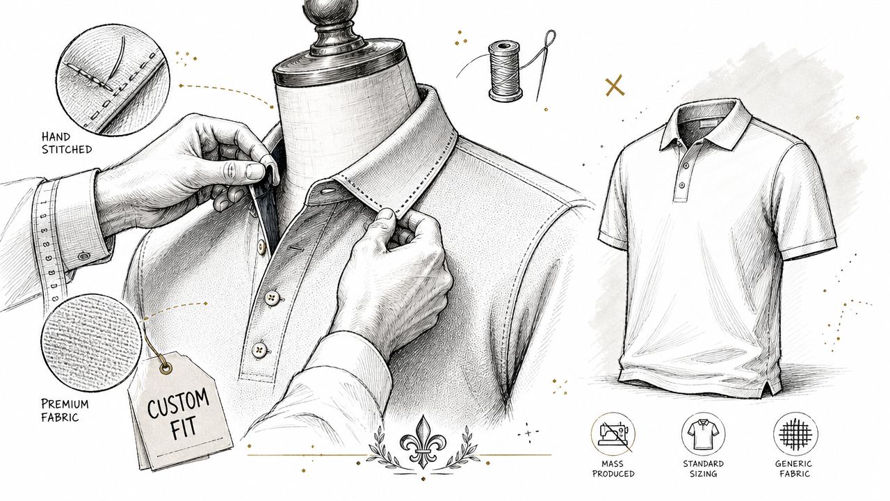 A detailed sketch showing the process of tailoring a custom-fit polo shirt with hand-stitched premium fabric details.