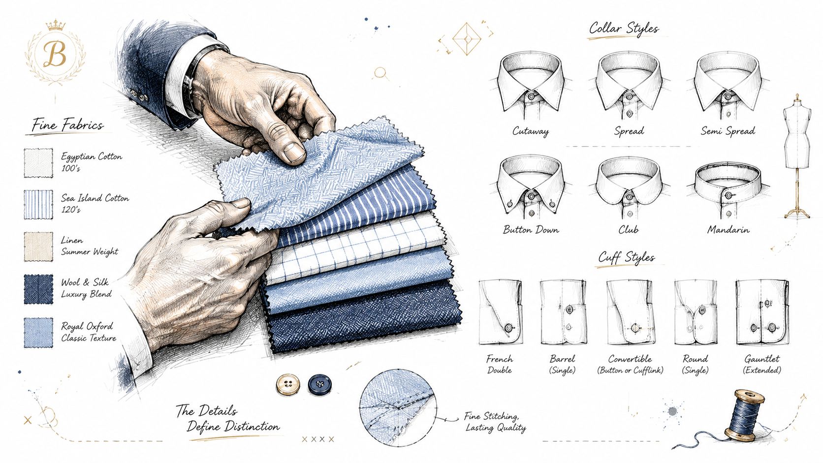 A detailed illustration showing various luxury shirt fabrics, different collar styles, and cuff designs for custom menswear.