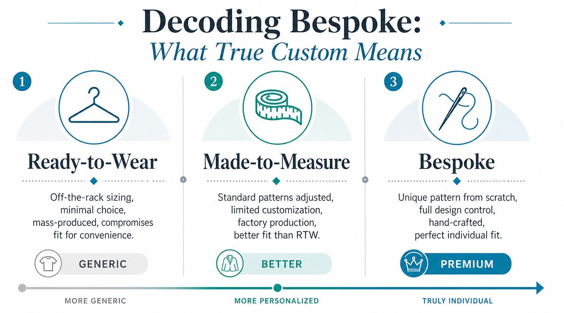 An infographic titled Decoding Bespoke comparing Ready-to-Wear, Made-to-Measure, and Bespoke tailoring levels from generic to individual.