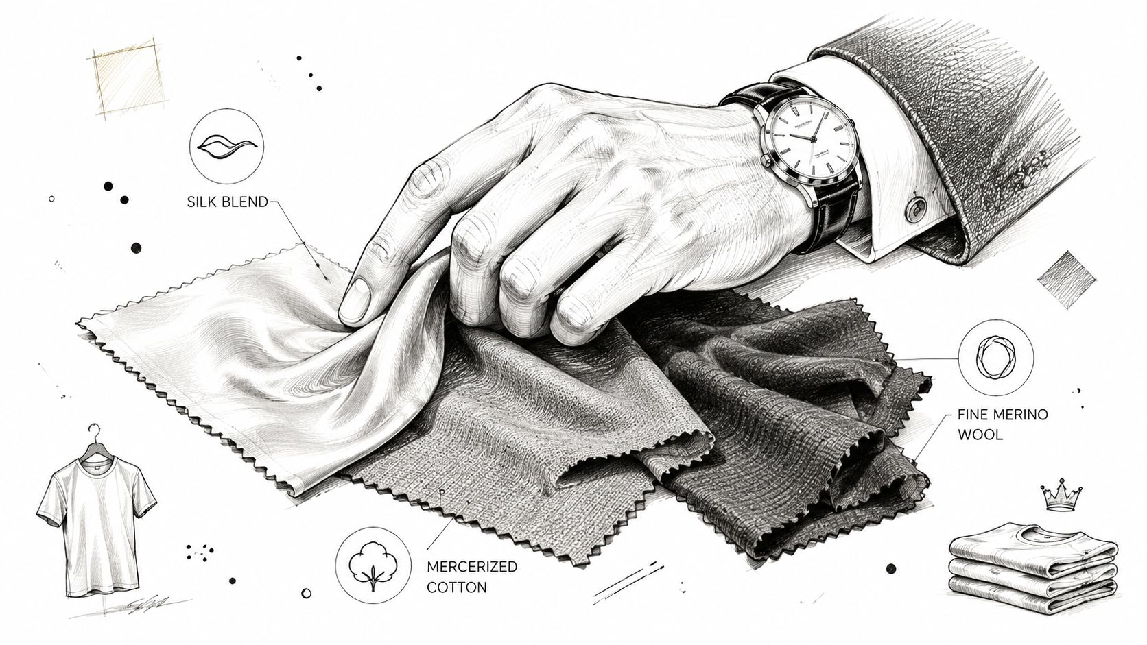 A detailed pencil sketch showing a hand touching three luxury fabric swatches for bespoke t-shirts.
