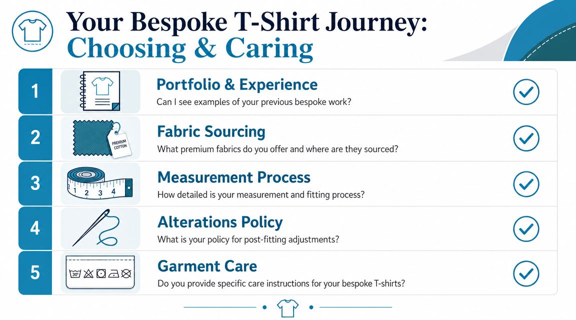 A five-step guide on Choosing and Caring for your Bespoke T-Shirt, featuring icons and questions.
