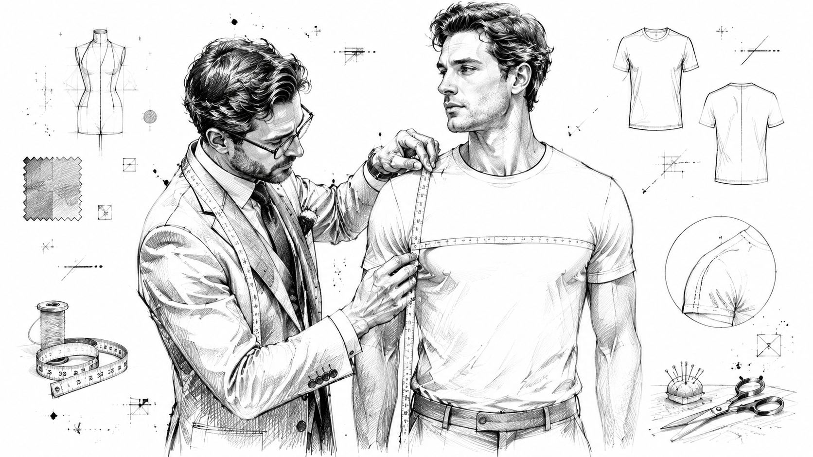 A professional tailor takes measurements of a client wearing a t-shirt in a detailed pencil sketch design.