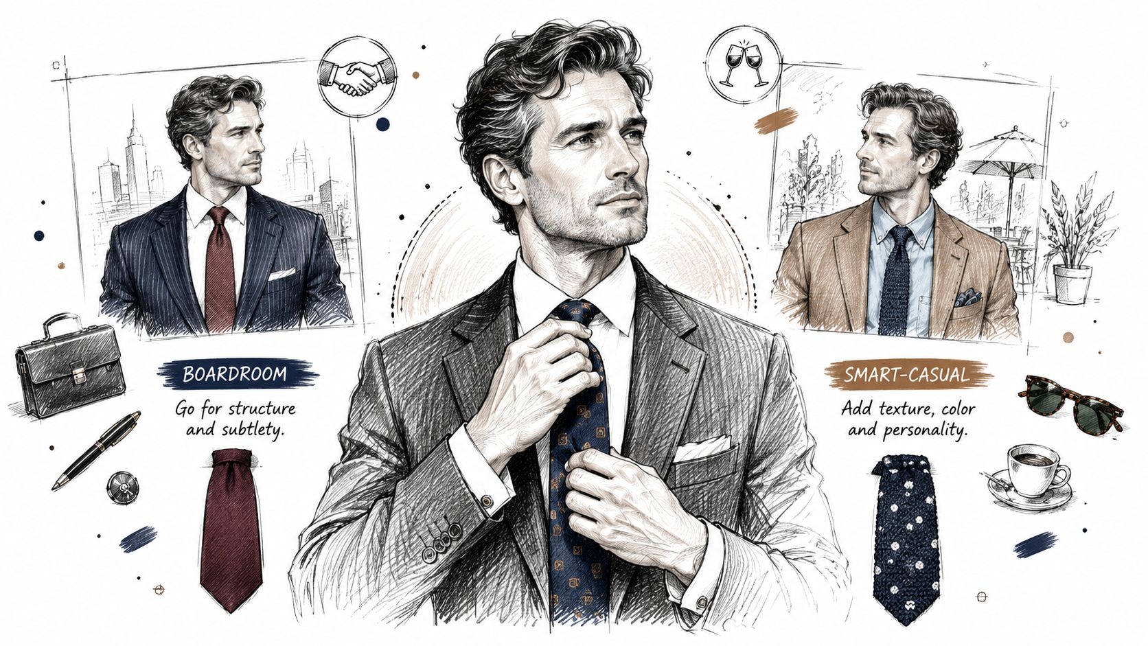A stylistic illustration comparing professional boardroom attire and smart-casual style for men using ties and accessories.