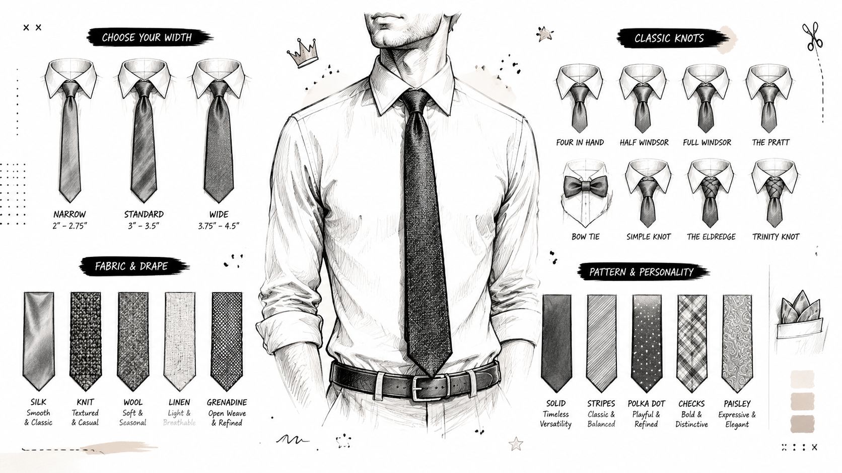 A detailed fashion illustration showing tie widths, knots, fabrics, and patterns for men's dress accessories.
