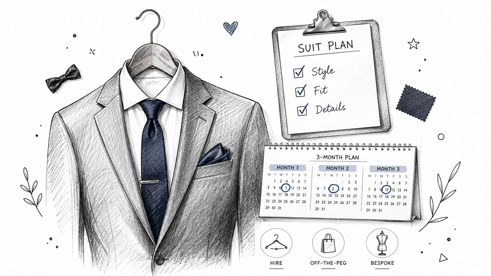 A sketched illustration of a suit with a clipboard checklist and a calendar for wedding planning.