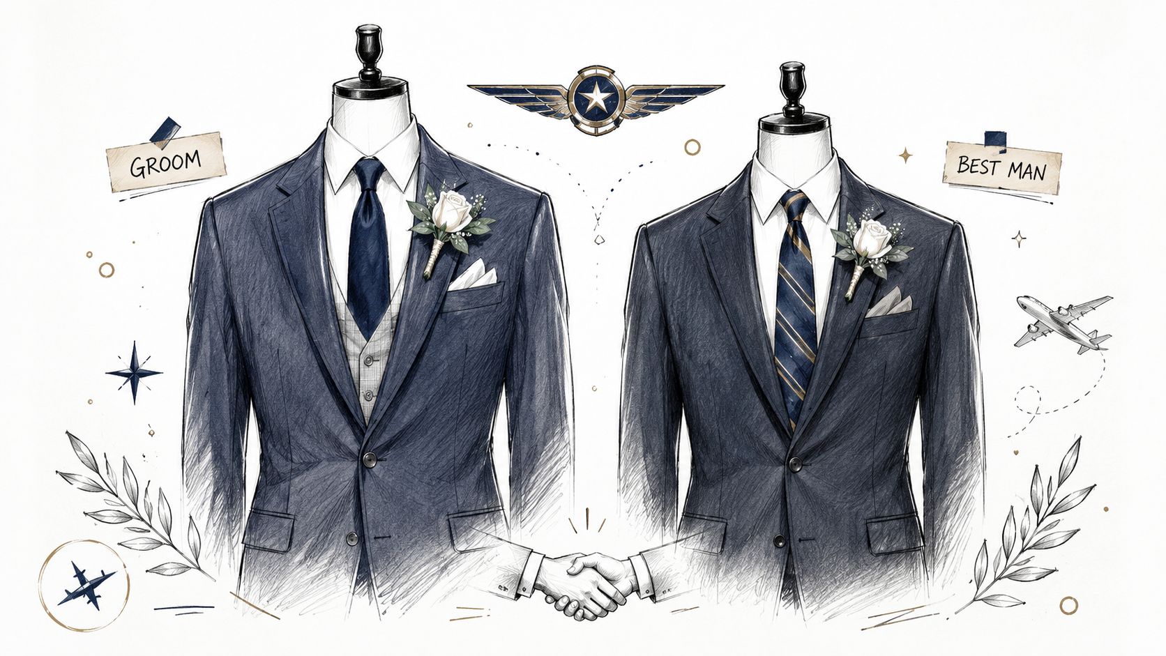 A detailed sketch illustration showing a groom and best man wearing navy blue wedding suits with boutonnieres.