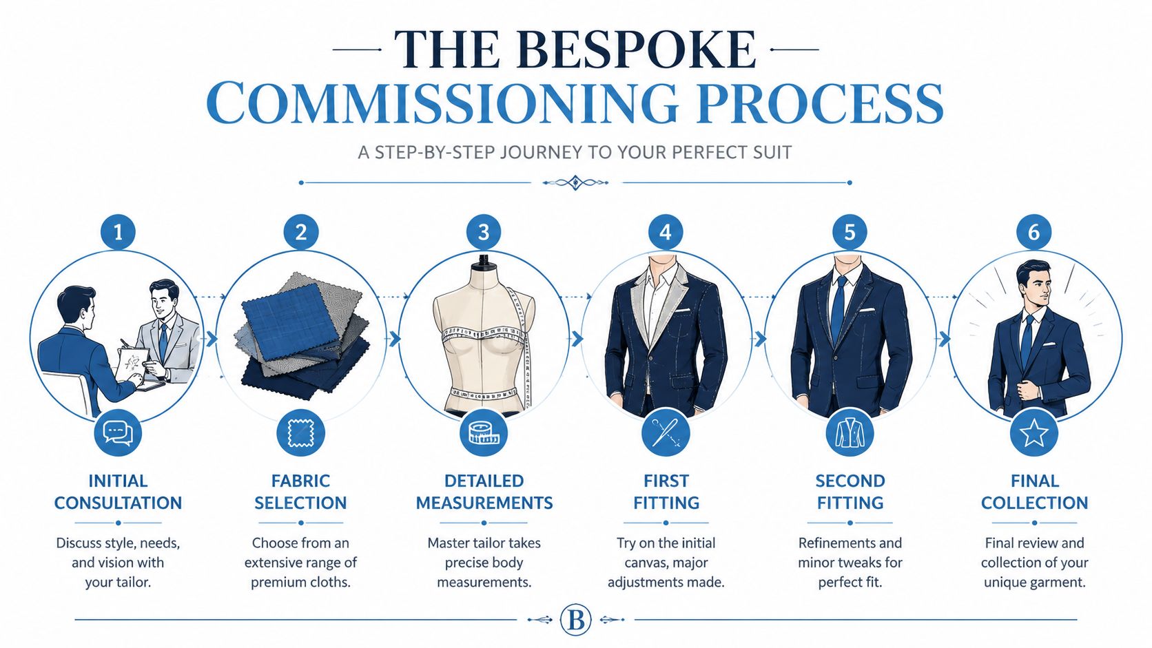 An infographic showing the six steps of the bespoke suit commissioning process from consultation to final collection.
