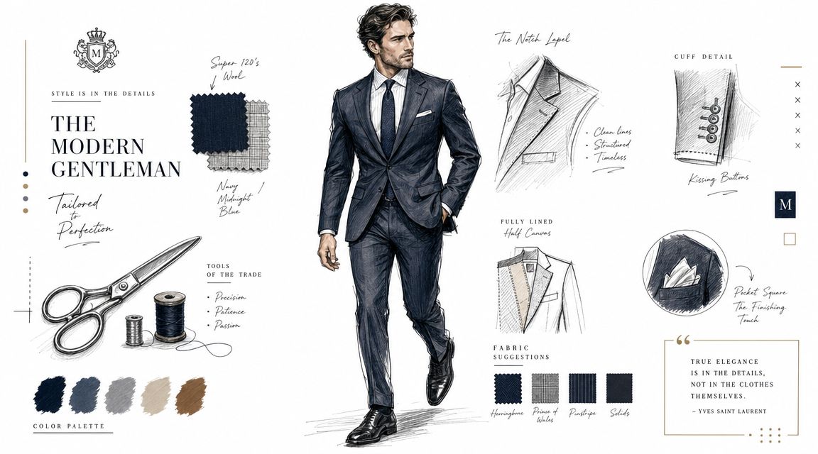 A fashion illustration showcasing a stylish man in a suit with tailoring details and fabric samples.