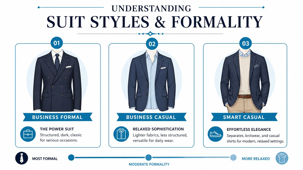 A guide illustrating three levels of men's suit formality including business formal, business casual, and smart casual.