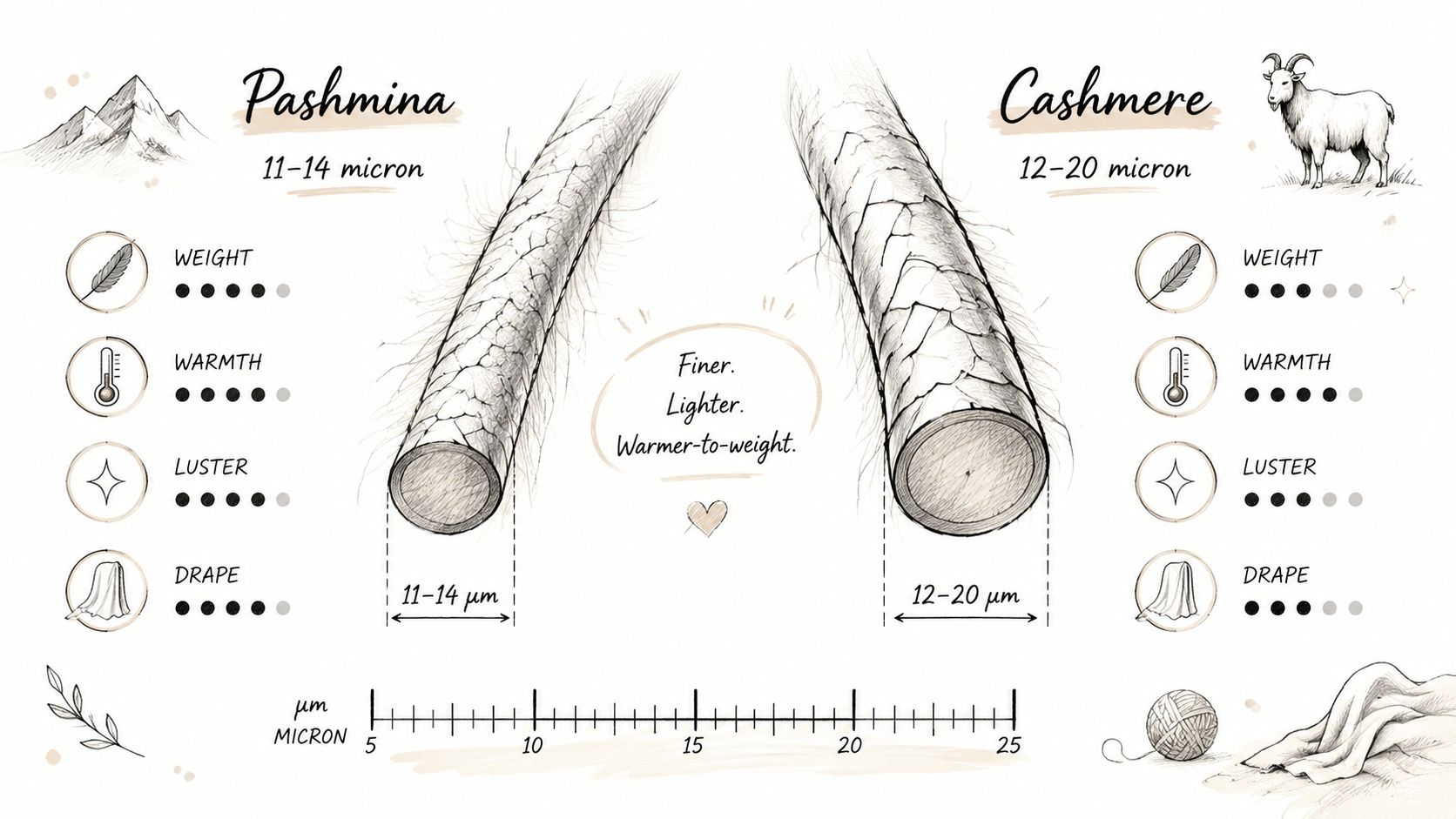 A comparison chart showing the differences in fineness, weight, warmth, luster, and drape between pashmina and cashmere.