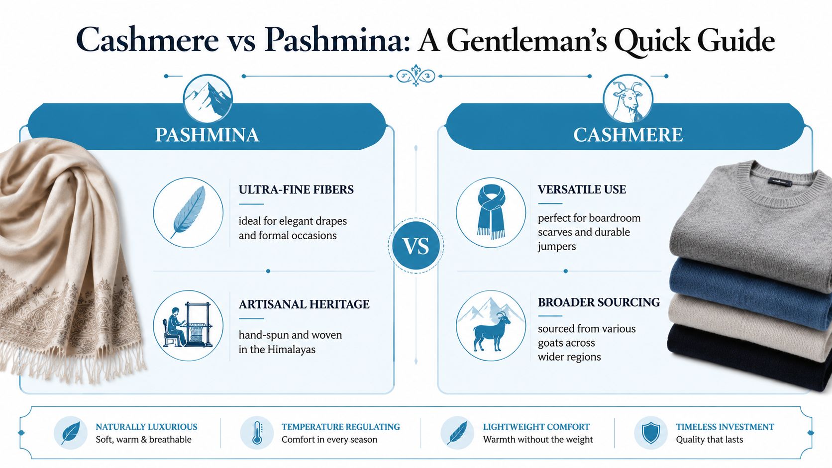 An infographic comparing cashmere and pashmina, highlighting their distinct fibers, heritage, and versatile uses for gentlemen.