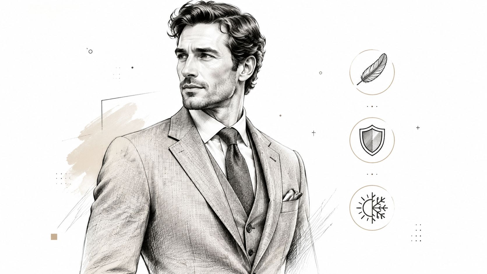 A pencil sketch of a handsome man in a three-piece suit with icons symbolizing comfort and durability.