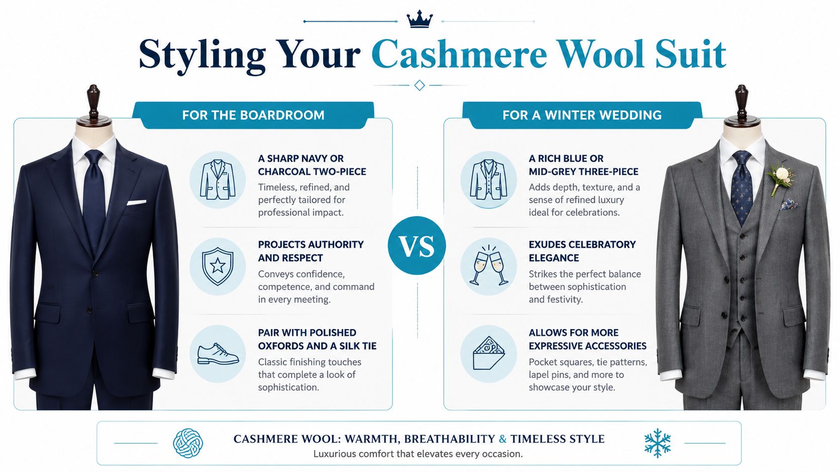 A comparison guide for styling cashmere wool suits for either professional boardroom meetings or formal winter weddings.