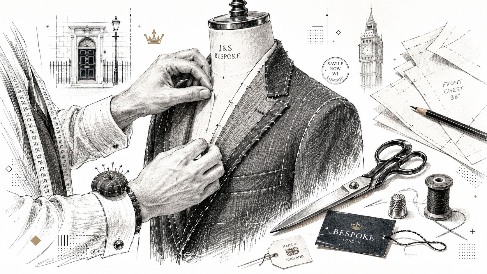 A detailed sketch of a tailor crafting a bespoke cashmere wool suit on a mannequin in London.