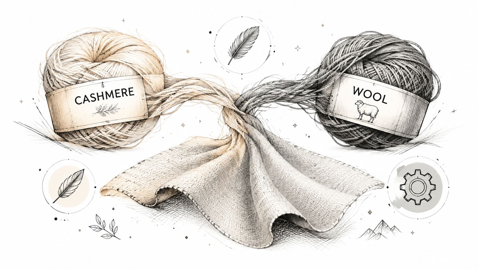 A detailed illustration showing a blend of cashmere and wool yarn merging into a single fabric cloth.