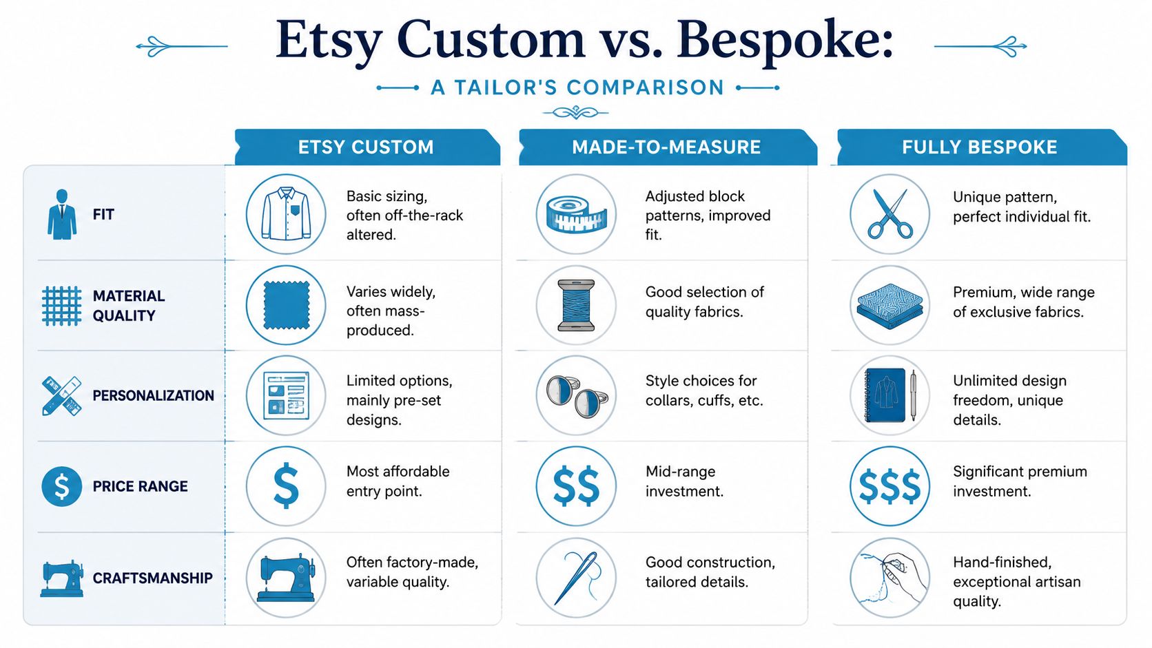 A comparison chart explaining the differences between Etsy custom, made-to-measure, and fully bespoke clothing services.