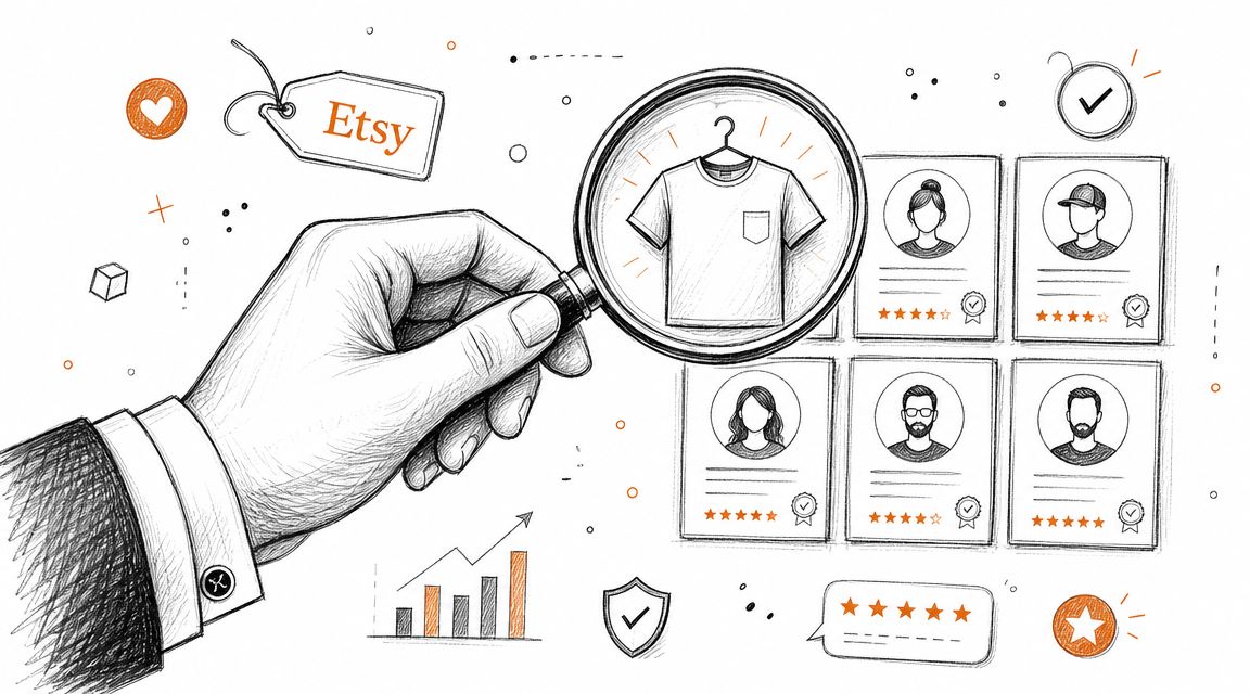 A hand holds a magnifying glass over a t-shirt illustration with review cards and Etsy branding.
