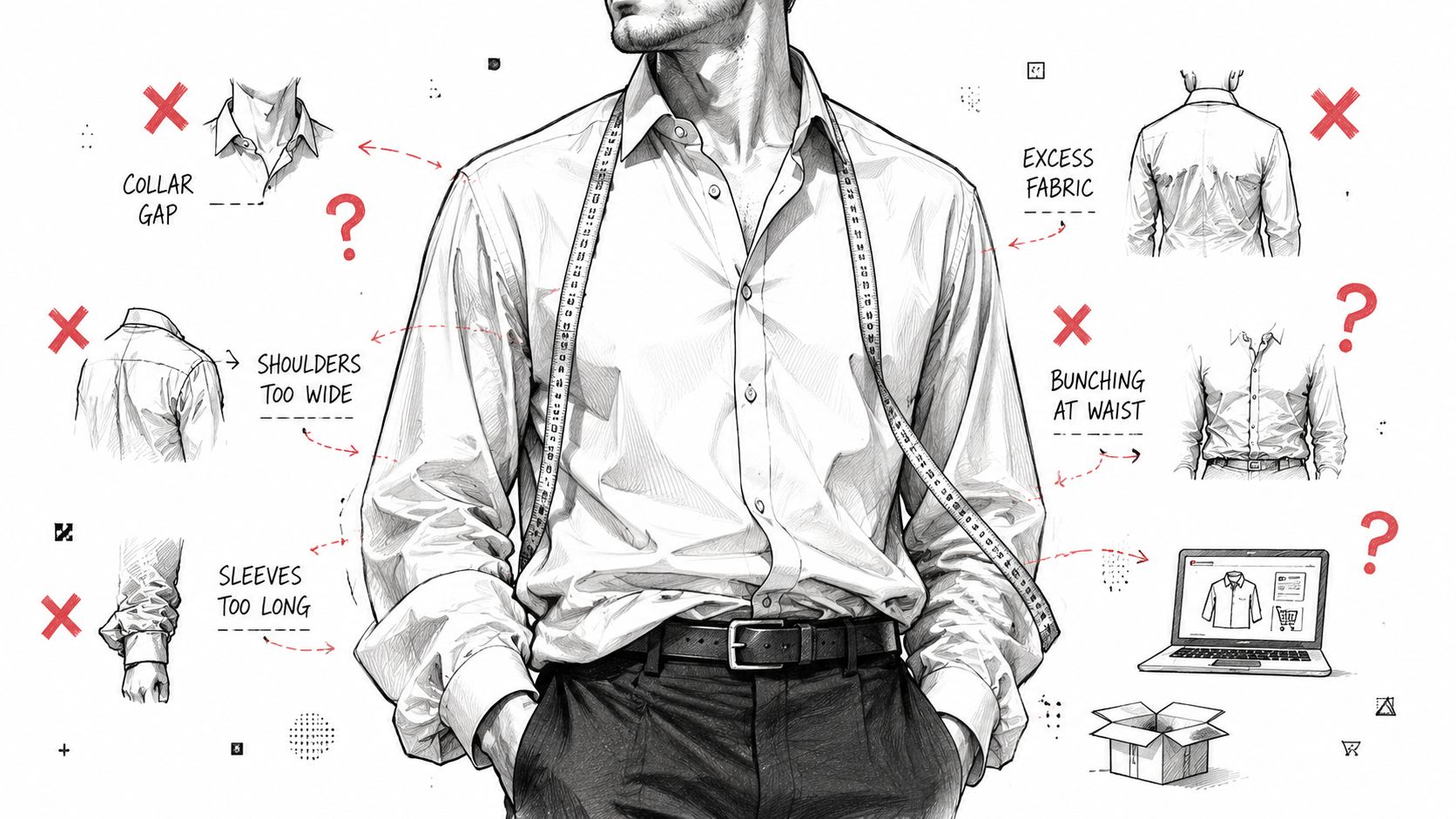 An illustration showing common fit issues with men's dress shirts like collar gaps and oversized shoulders.