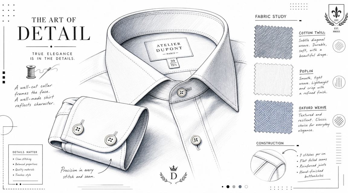 A detailed technical illustration of a dress shirt highlighting fabric types, construction, and stitching quality.