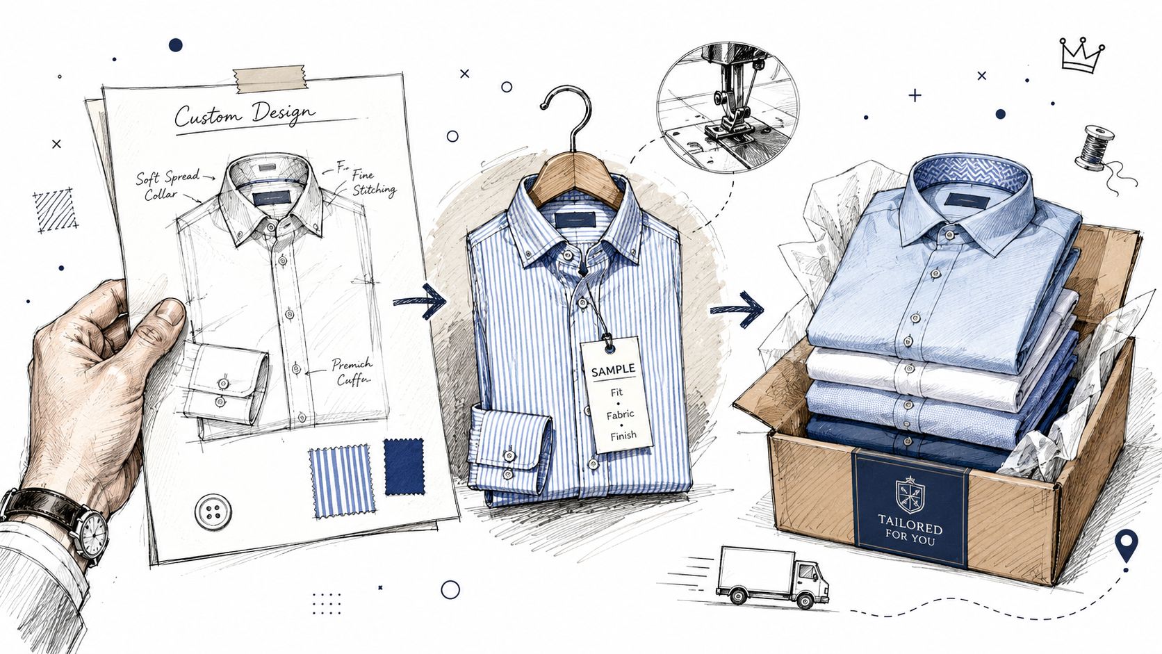 A hand holding a custom shirt design sketch showing the transformation from sketch to tailored shirt product.