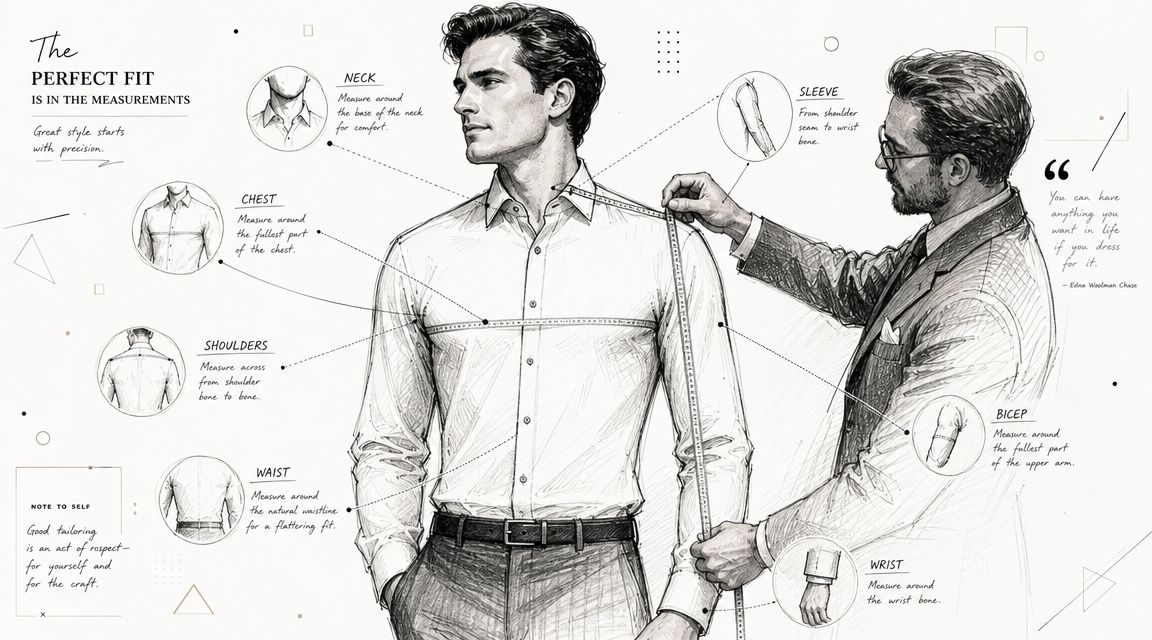 A detailed technical drawing illustrating how to take accurate body measurements for a custom tailored shirt.