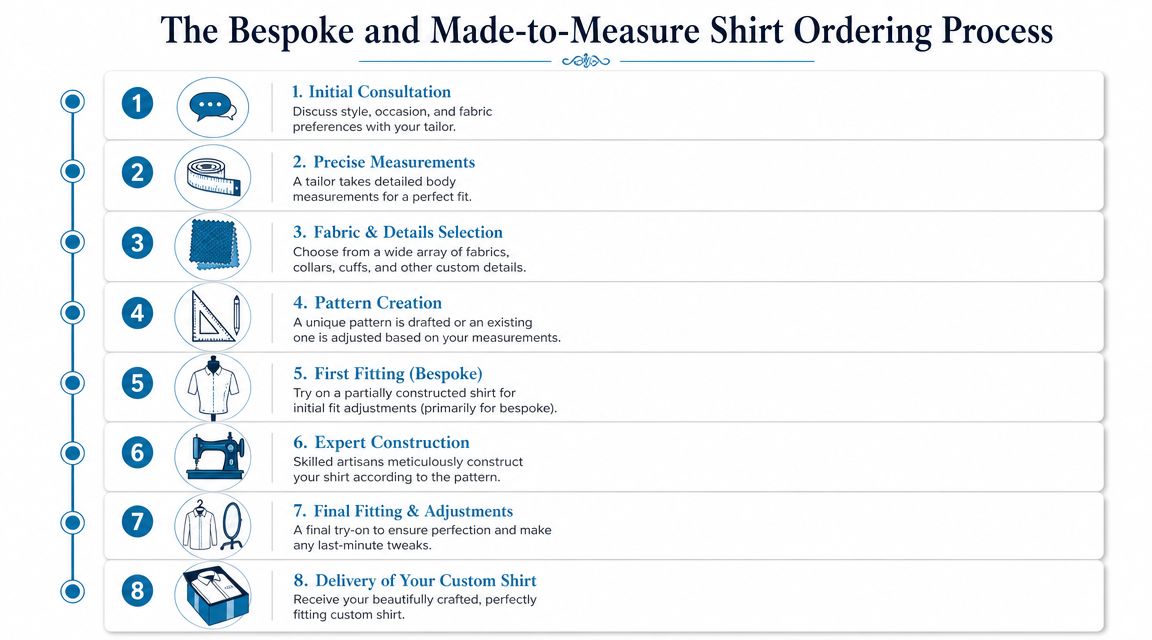 A step-by-step infographic detailing the bespoke and made-to-measure custom shirt ordering process from consultation to delivery.