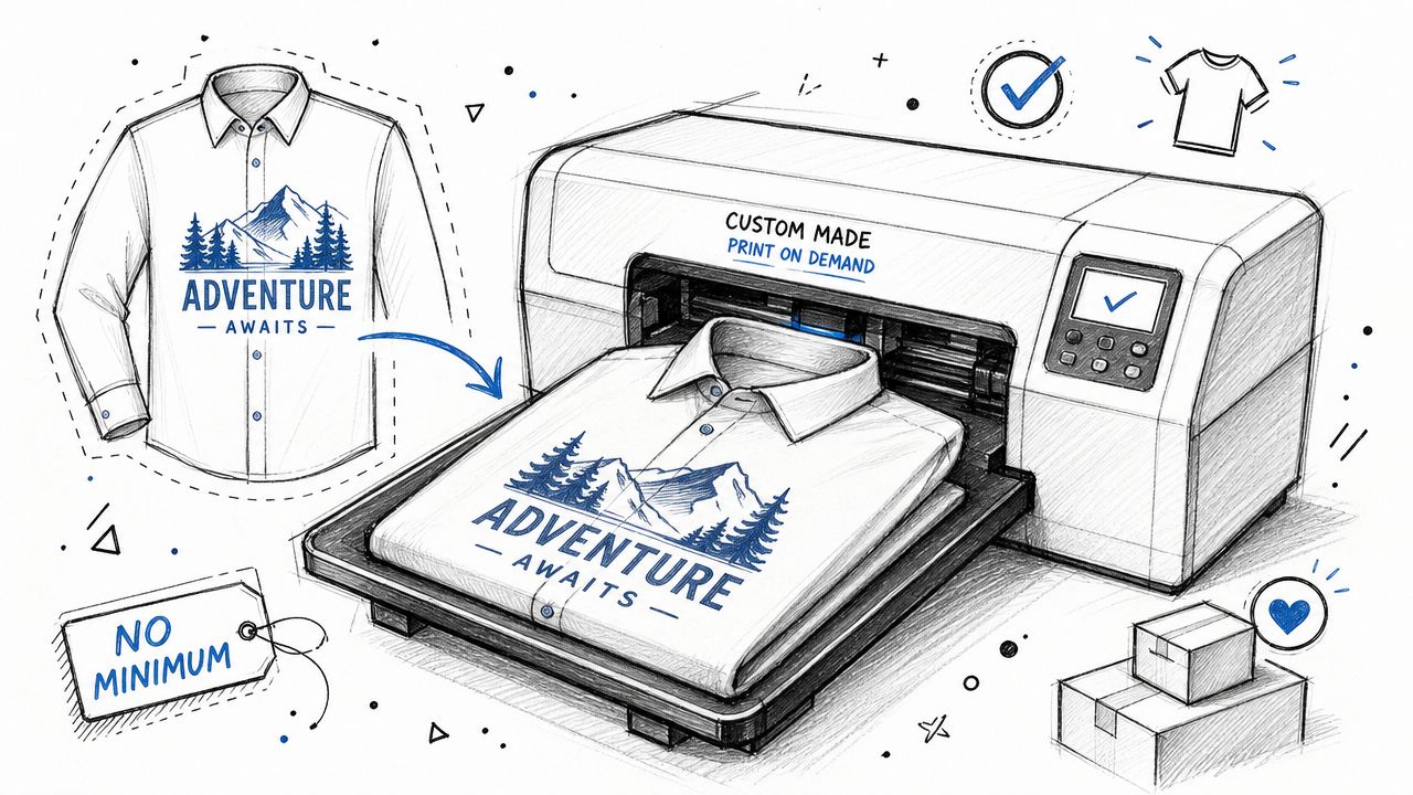 A pencil sketch of a print on demand machine printing custom shirts with mountain forest graphics.
