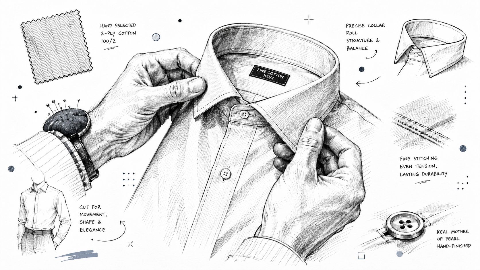 A detailed technical illustration showing the craftsmanship, materials, and tailoring details of a fine cotton dress shirt.