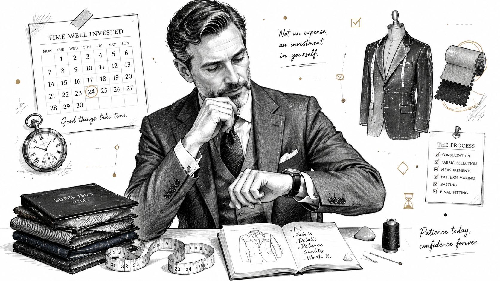 A sophisticated man in a bespoke suit thoughtfully reviewing his tailoring process, surrounded by measuring tools and fabrics.
