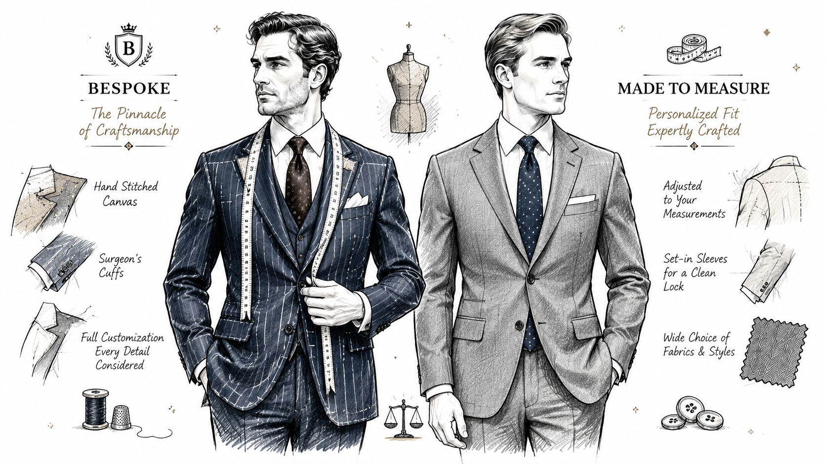 A detailed illustration comparing bespoke and made to measure tailoring services for men's suits and formal attire.